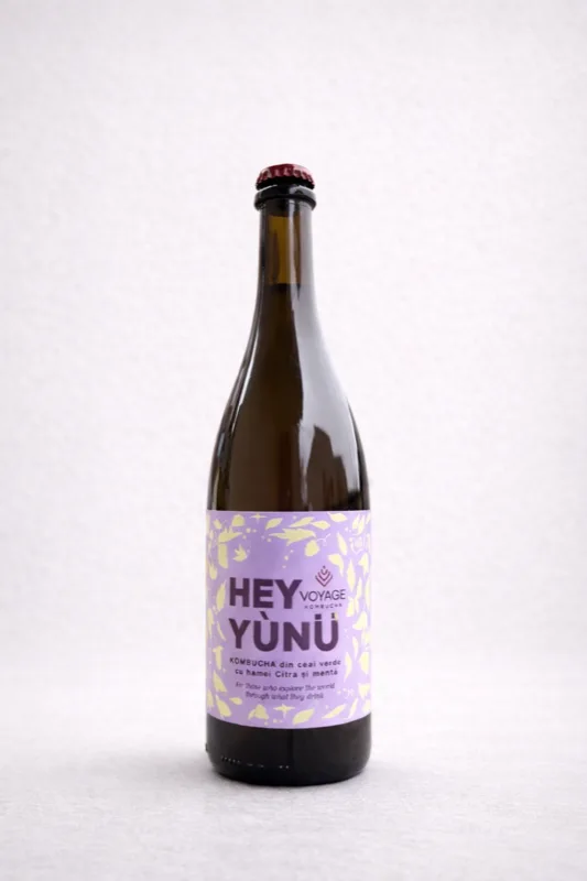 Sticlă de kombucha Hey Yùnü — kombucha din ceai verde dry-hopped cu Citra și mentă proaspătă